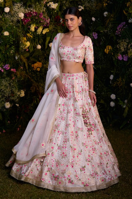 Shop_Shyam Narayan Prasad_Ivory Modal, Satin, Organza Embroidery, Gota Floral Block Print Lehenga Set _Online_at_Aza_Fashions