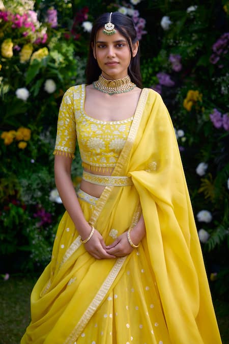 Buy_Shyam Narayan Prasad_Yellow Satin, Chanderi, Brocade, Organza Embroidery Round Thread Lehenga Set _Online_at_Aza_Fashions