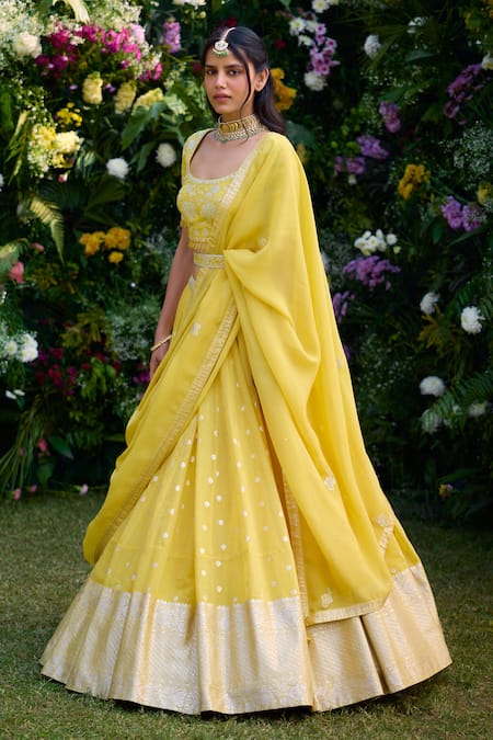 Shop_Shyam Narayan Prasad_Yellow Satin, Chanderi, Brocade, Organza Embroidery Round Thread Lehenga Set _Online_at_Aza_Fashions