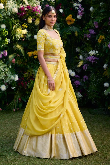 Shyam Narayan Prasad_Yellow Satin, Chanderi, Brocade, Organza Embroidery Round Thread Lehenga Set _at_Aza_Fashions