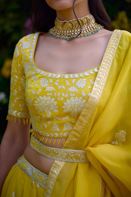 Buy_Shyam Narayan Prasad_Yellow Satin, Chanderi, Brocade, Organza Embroidery Round Thread Lehenga Set 