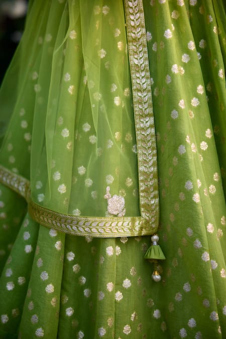 Buy_Shyam Narayan Prasad_Green Satin, Chanderi, Organza Embroidery Sweetheart Neck Floral Lehenga Set _Online_at_Aza_Fashions