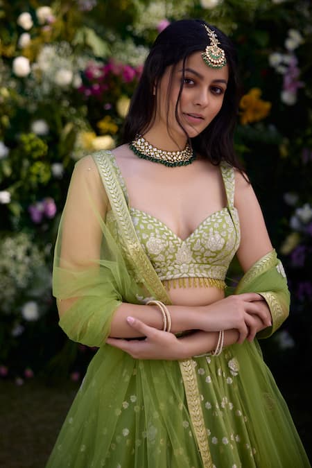 Shop_Shyam Narayan Prasad_Green Satin, Chanderi, Organza Embroidery Sweetheart Neck Floral Lehenga Set _Online_at_Aza_Fashions