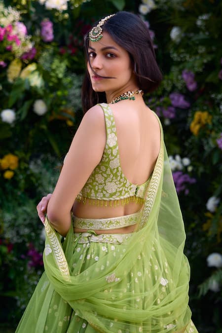 Shyam Narayan Prasad_Green Satin, Chanderi, Organza Embroidery Sweetheart Neck Floral Lehenga Set _at_Aza_Fashions