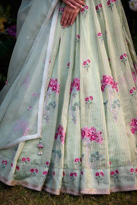 Shyam Narayan Prasad_Green Chanderi, Organza Embroidery, Zari Sweetheart Neck Zardosi Lehenga Set _Online_at_Aza_Fashions