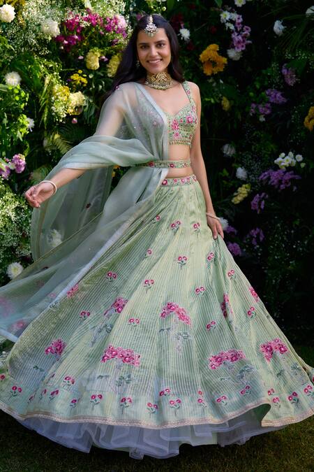 Buy_Shyam Narayan Prasad_Green Chanderi, Organza Embroidery, Zari Sweetheart Neck Zardosi Lehenga Set 