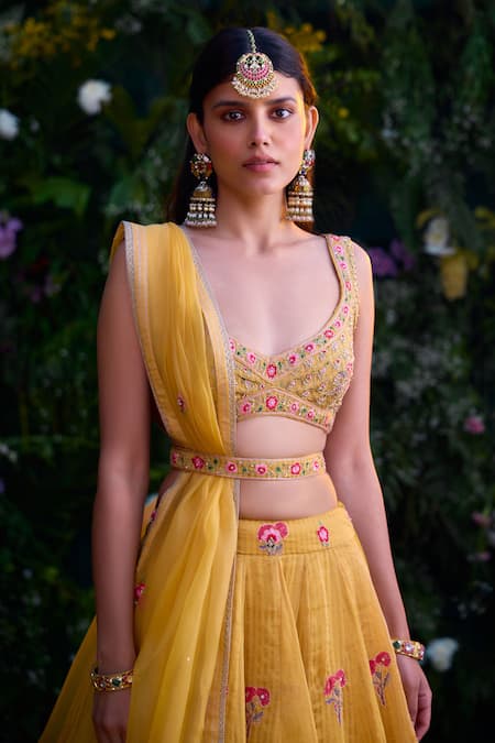 Buy_Shyam Narayan Prasad_Yellow Chanderi, Organza Embroidery, Zari Open Zardosi Lehenga Set With Belt _Online_at_Aza_Fashions