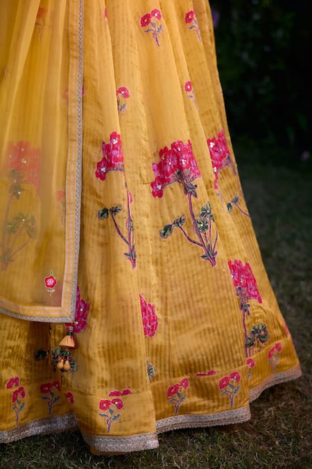 Shop_Shyam Narayan Prasad_Yellow Chanderi, Organza Embroidery, Zari Open Zardosi Lehenga Set With Belt _Online_at_Aza_Fashions