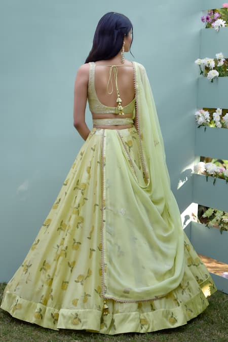 Shop_Shyam Narayan Prasad_Yellow Chanderi, Modal, Organza Embroidery Floral Block Pattern Lehenga Set _at_Aza_Fashions
