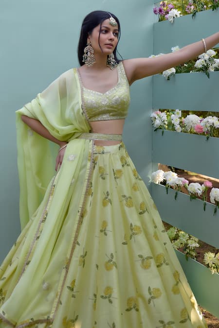 Shyam Narayan Prasad_Yellow Chanderi, Modal, Organza Embroidery Floral Block Pattern Lehenga Set _Online_at_Aza_Fashions