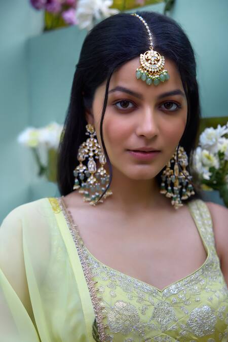 Buy_Shyam Narayan Prasad_Yellow Chanderi, Modal, Organza Embroidery Floral Block Pattern Lehenga Set _Online_at_Aza_Fashions