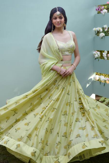 Shop_Shyam Narayan Prasad_Yellow Chanderi, Modal, Organza Embroidery Floral Block Pattern Lehenga Set _Online_at_Aza_Fashions