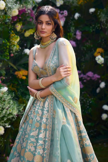 Shyam Narayan Prasad_Green Silk Patchwork Embroidered Floral And Thread Work Blouse Lehenga Set _Online_at_Aza_Fashions