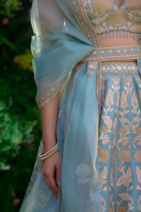 Buy_Shyam Narayan Prasad_Green Silk Patchwork Embroidered Floral And Thread Work Blouse Lehenga Set _Online_at_Aza_Fashions