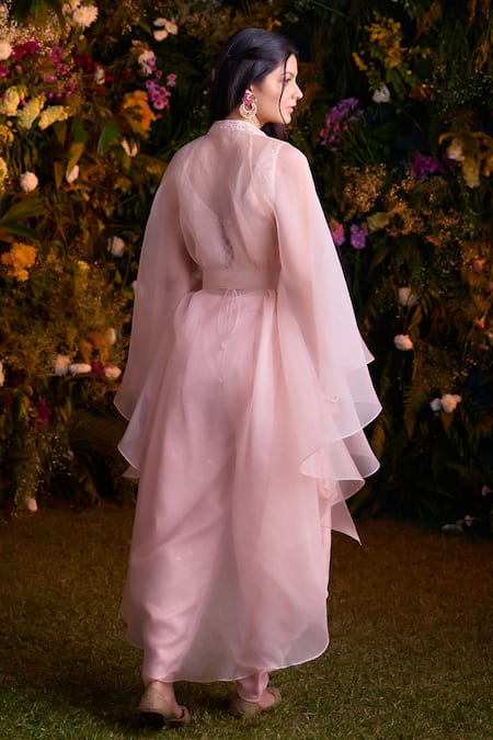 Shop_Shyam Narayan Prasad_Pink Top And Dhoti Pant Modal Embroidered Zardosi V Neck Cape Set _at_Aza_Fashions