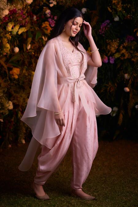 Shyam Narayan Prasad_Pink Top And Dhoti Pant Modal Embroidered Zardosi V Neck Cape Set _Online_at_Aza_Fashions