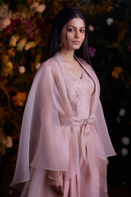 Buy_Shyam Narayan Prasad_Pink Top And Dhoti Pant Modal Embroidered Zardosi V Neck Cape Set _Online_at_Aza_Fashions