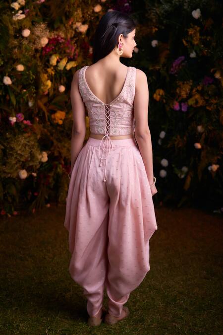 Shop_Shyam Narayan Prasad_Pink Top And Dhoti Pant Modal Embroidered Zardosi V Neck Cape Set 