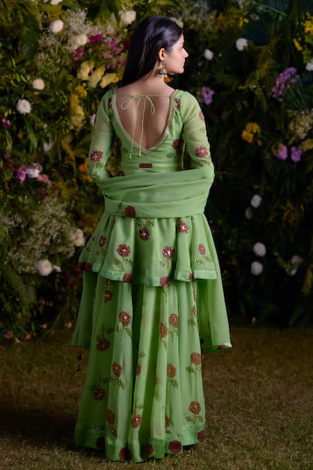 Shop_Shyam Narayan Prasad_Green Kurta And Sharara Satin Block Printed Floral Sweetheart Set _at_Aza_Fashions