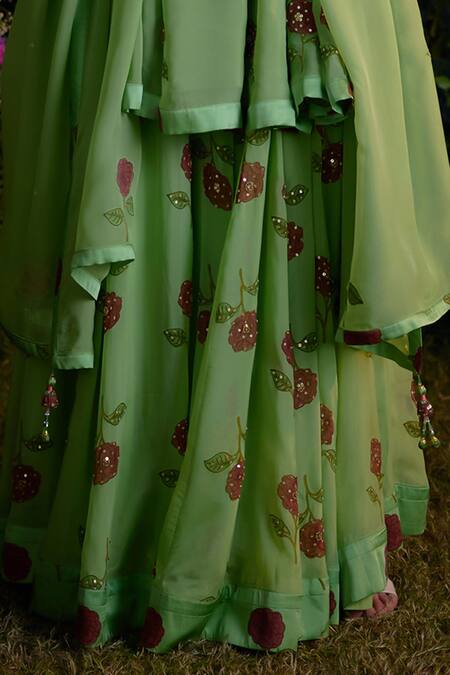 Shyam Narayan Prasad_Green Kurta And Sharara Satin Block Printed Floral Sweetheart Set _Online_at_Aza_Fashions
