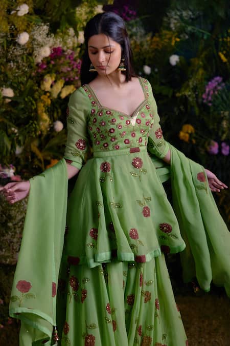 Shop_Shyam Narayan Prasad_Green Kurta And Sharara Satin Block Printed Floral Sweetheart Set _Online_at_Aza_Fashions