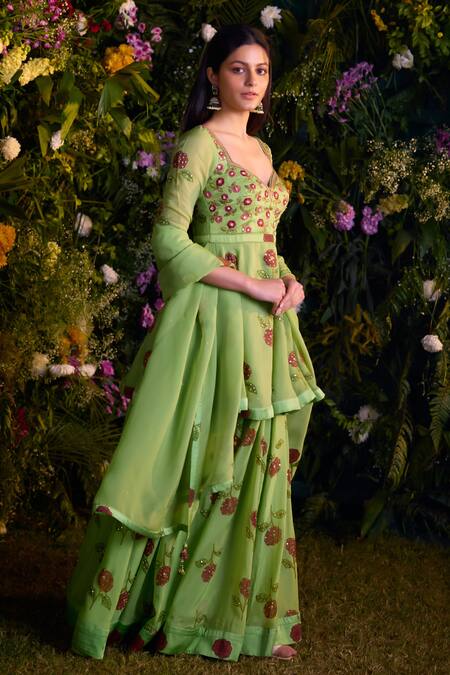 Shyam Narayan Prasad_Green Kurta And Sharara Satin Block Printed Floral Sweetheart Set _at_Aza_Fashions