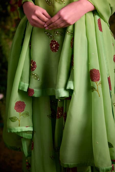 Shop_Shyam Narayan Prasad_Green Kurta And Sharara Satin Block Printed Floral Sweetheart Set 