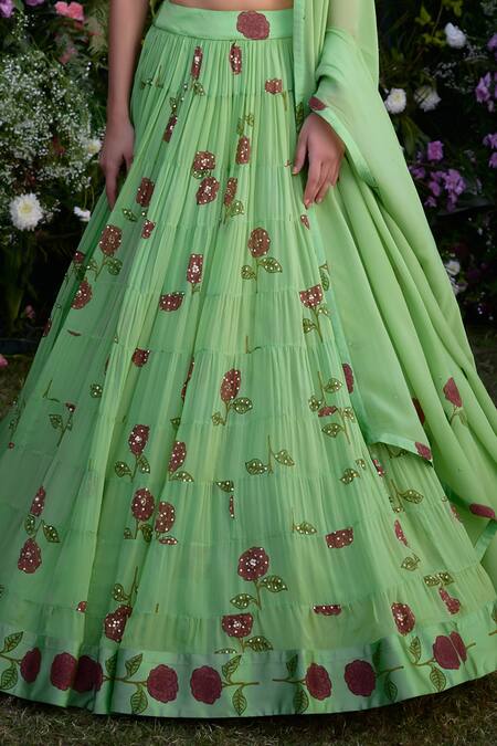 Shyam Narayan Prasad_Green Lehenga And Blouse Satin Block Printed Floral Round Set _Online_at_Aza_Fashions
