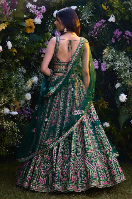 Shop Shyam Narayan Prasad Green Silk Gota Patti, Embroidery Open Neck And Thread Lehenga Set at Aza Fashions Shop_Shyam Narayan Prasad_Green Silk Gota Patti, Embroidery Open Neck And Thread Lehenga Set _at_Aza_Fashions