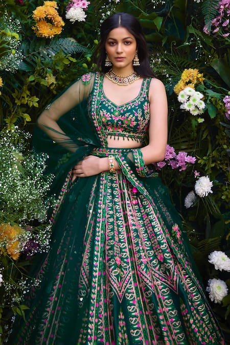 Shyam Narayan Prasad Green Silk Gota Patti, Embroidery Open Neck And Thread Lehenga Set Online at Aza Fashions Shyam Narayan Prasad_Green Silk Gota Patti, Embroidery Open Neck And Thread Lehenga Set _Online_at_Aza_Fashions