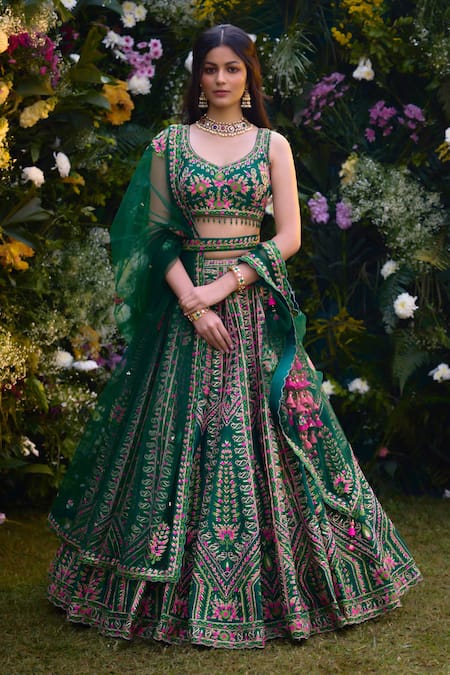 Buy Shyam Narayan Prasad Green Silk Gota Patti, Embroidery Open Neck And Thread Lehenga Set Online at Aza Fashions Buy_Shyam Narayan Prasad_Green Silk Gota Patti, Embroidery Open Neck And Thread Lehenga Set _Online_at_Aza_Fashions
