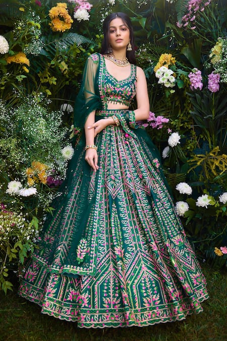 Shyam Narayan Prasad Green Silk Gota Patti, Embroidery Open Neck And Thread Lehenga Set at Aza Fashions Shyam Narayan Prasad_Green Silk Gota Patti, Embroidery Open Neck And Thread Lehenga Set _at_Aza_Fashions