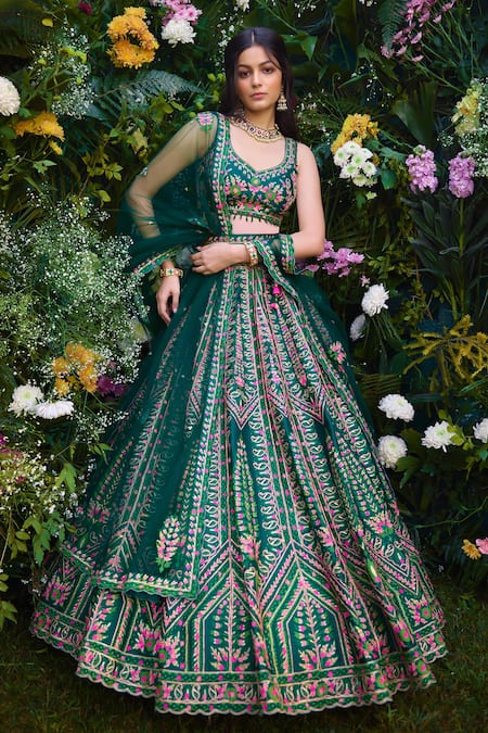 Buy Shyam Narayan Prasad Green Silk Gota Patti, Embroidery Open Neck And Thread Lehenga Set Buy_Shyam Narayan Prasad_Green Silk Gota Patti, Embroidery Open Neck And Thread Lehenga Set