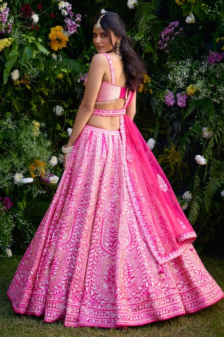 Shop_Shyam Narayan Prasad_Fuchsia , Chanderi Tassels, Gota Patti, Thread And Lehenga Set _at_Aza_Fashions
