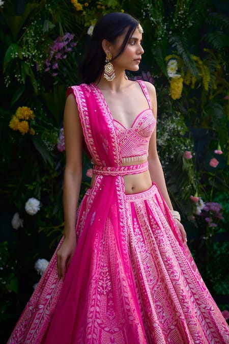 Shop_Shyam Narayan Prasad_Fuchsia , Chanderi Tassels, Gota Patti, Thread And Lehenga Set _Online_at_Aza_Fashions