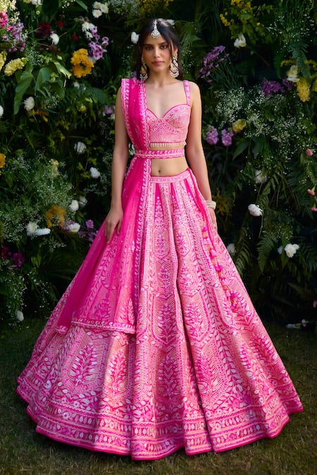 Buy_Shyam Narayan Prasad_Fuchsia , Chanderi Tassels, Gota Patti, Thread And Lehenga Set 