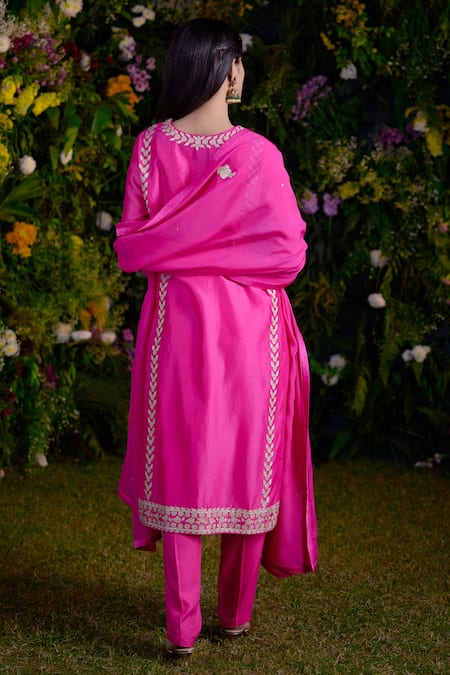 Shop_Shyam Narayan Prasad_Fuchsia Chanderi, Rayon Embroidery Round Neck Patchwork Kurta Pant Set _at_Aza_Fashions