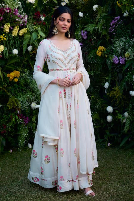 Shyam Narayan Prasad_Green Modal Embroidered Zardosi Leaf Neck Anarkali Set _at_Aza_Fashions