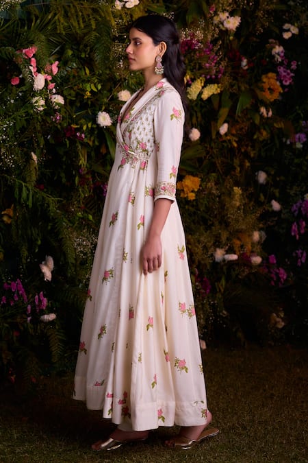 Shyam Narayan Prasad_Ivory Dola Silk Embroidered Zardosi Shawl Lapel Angrakha And Pant Set _Online_at_Aza_Fashions