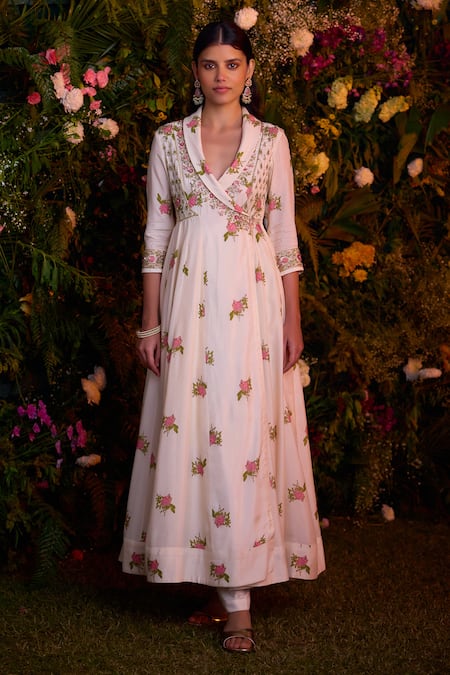 Shop_Shyam Narayan Prasad_Ivory Dola Silk Embroidered Zardosi Shawl Lapel Angrakha And Pant Set _Online_at_Aza_Fashions