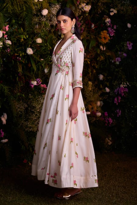 Shyam Narayan Prasad_Ivory Dola Silk Embroidered Zardosi Shawl Lapel Angrakha And Pant Set _at_Aza_Fashions