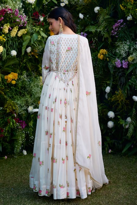 Shop_Shyam Narayan Prasad_Ivory Chiffon, Denim Embroidery, Zari Round Neck Zardosi Anarkali Set _at_Aza_Fashions