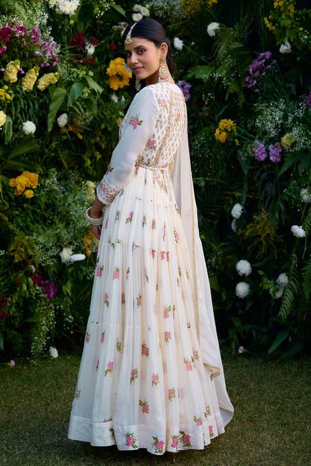 Shyam Narayan Prasad_Ivory Chiffon, Denim Embroidery, Zari Round Neck Zardosi Anarkali Set _Online_at_Aza_Fashions