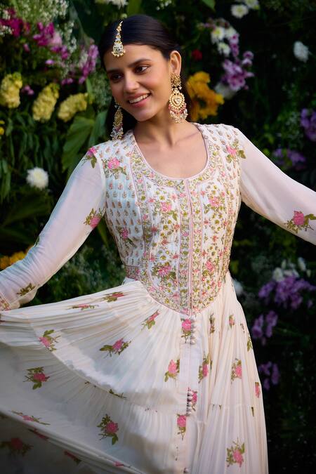 Buy_Shyam Narayan Prasad_Ivory Chiffon, Denim Embroidery, Zari Round Neck Zardosi Anarkali Set _Online_at_Aza_Fashions