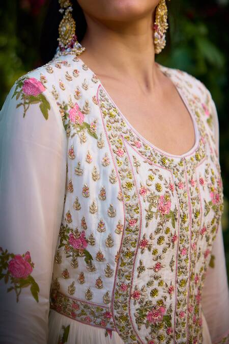 Shop_Shyam Narayan Prasad_Ivory Chiffon, Denim Embroidery, Zari Round Neck Zardosi Anarkali Set _Online_at_Aza_Fashions