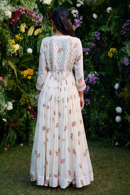 Shyam Narayan Prasad_Ivory Chiffon, Denim Embroidery, Zari Round Neck Zardosi Anarkali Set _at_Aza_Fashions