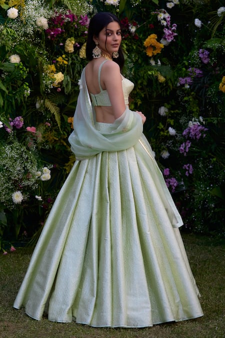 Shop_Shyam Narayan Prasad_Green Brocade, Organza Embroidery Sweetheart Neck Floral Patchwork Lehenga Set _at_Aza_Fashions