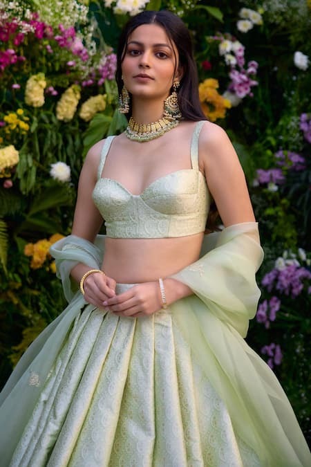 Shyam Narayan Prasad_Green Brocade, Organza Embroidery Sweetheart Neck Floral Patchwork Lehenga Set _Online_at_Aza_Fashions