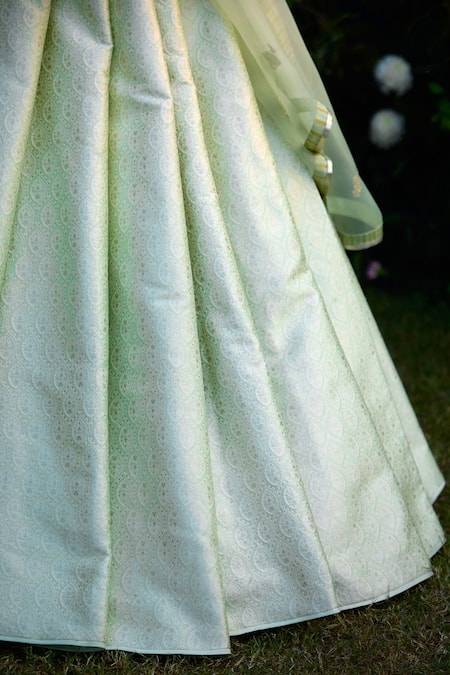 Shyam Narayan Prasad_Green Brocade, Organza Embroidery Sweetheart Neck Floral Patchwork Lehenga Set _at_Aza_Fashions