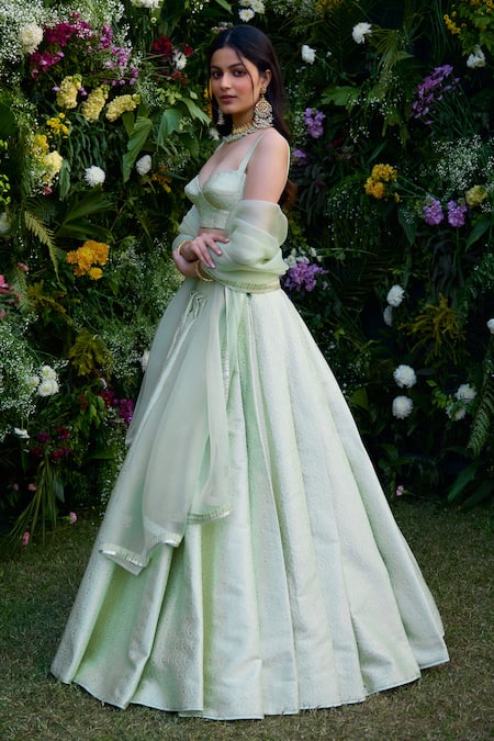 Buy_Shyam Narayan Prasad_Green Brocade, Organza Embroidery Sweetheart Neck Floral Patchwork Lehenga Set 